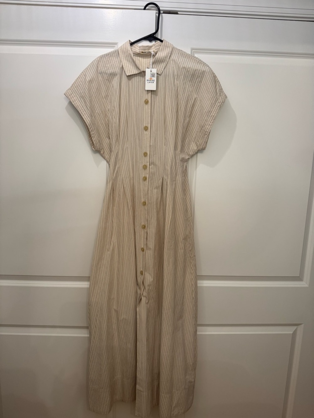 NWT Marine Layer Nova Midi Shirt Dress | Size Large | Cream/Navy Stripe